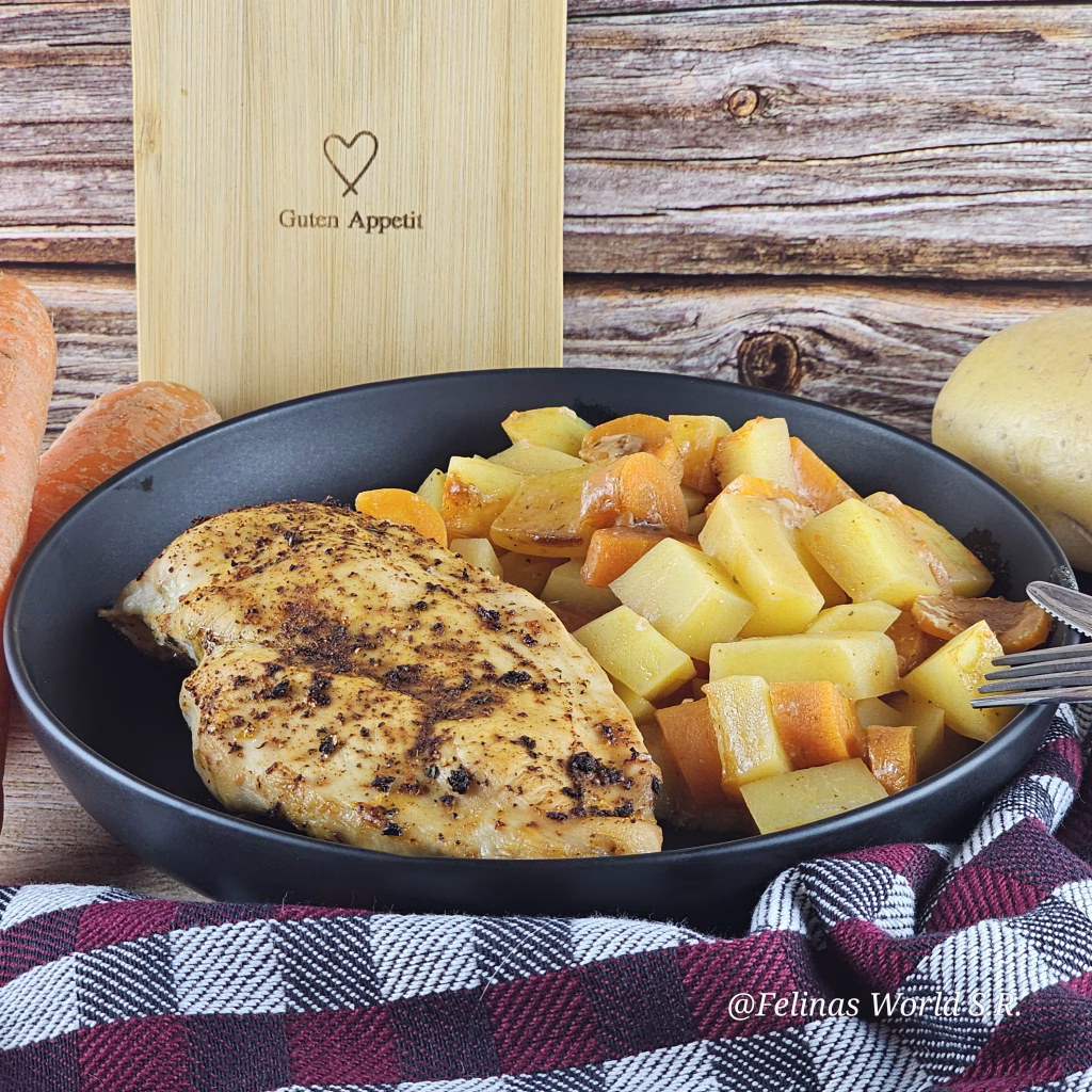 hähnchen mit Kartoffeln und Möhren in Frischkäse-Tomaten-Soße